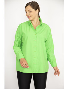 Şans Women's Plus Size Green Shirt with Buttons on the Front and Long Sleeves