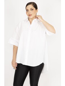 Şans Women's White Large Size Front Buttoned Long Back Shirt