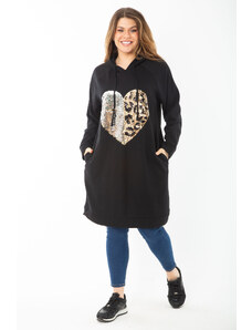 Şans Women's Large Size Black Sequin Detailed Hooded Long Swaetshirt