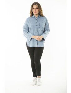 Şans Women's Plus Size Blue Chest Pocket Denim Shirt