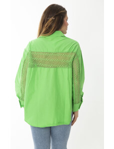 Şans Women's Large Size Green Shirt with Lace Detail and Long Sleeves on the Back