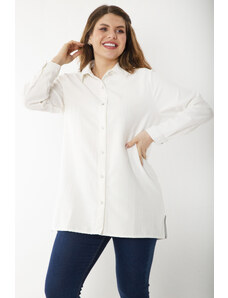 Şans Women's Plus Size Bone Self Striped Metal Button Long Sleeve Shirt