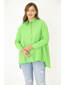Şans Women's Plus Size Green Front Buttoned Side Slit Shirt