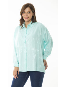 Şans Women's Plus Size Cyan Green Satin Fabric Patterned Long Sleeve Shirt