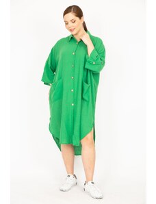 Şans Women's Green Large Size Comfortable Cut Dress with a Shirt Collar and Buttons