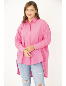 Şans Women's Plus Size Pink Shirt With Buttons In The Back Long Shirt