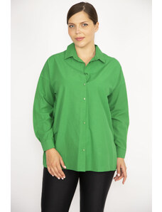 Şans Women's Large Size Green Shirt with Buttons and Long Sleeves, Green