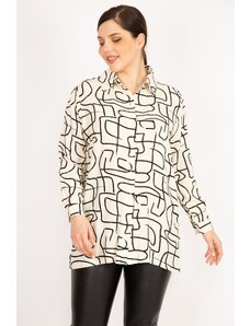 Şans Women's Beige Plus Size Woven Viscose Fabric Front Buttoned Cuff Shirt