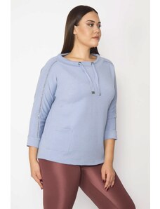 Şans Women's Plus Size Blue Sweatshirt with Eyelets and Stones Detailed Pockets