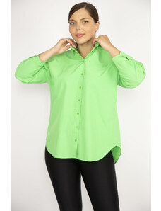 Şans Women's Plus Size Green Poplin Shirt with Buttons