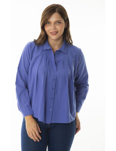 Şans Women's Plus Size Saks Chest Pleated Shirt with Front Buttons and Long Sleeves