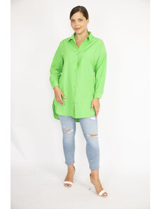 Şans Women's Plus Size Green Front Buttoned Long Sleeve Shirt