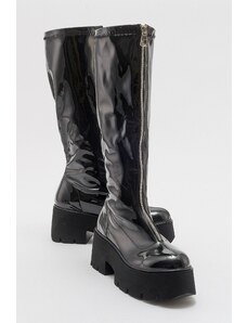 LuviShoes AMARONTE Black Patent Leather Thick Sole Women's Boots