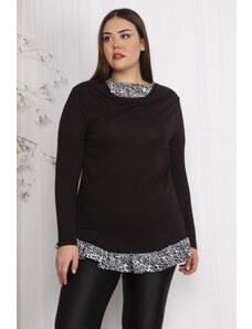 Şans Women's Plus Size Black Leopard Viscose Blouse with Garnish Collar Detailed