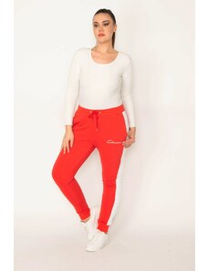 Şans Women's Red Ribbed Inner Side Stripe Sports Pants With Elastic And Lace Detail At The Waist