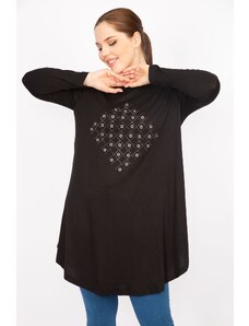 Şans Women's Black Plus Size Eyelet Detailed Long Sleeve Tunic