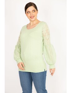 Şans Women's Green Large Size Sleeves Tulle Lace Detailed Tunic