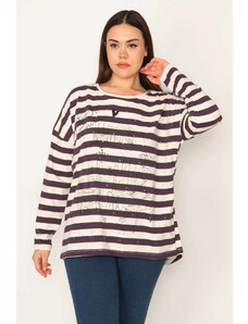 Şans Women's Plus Size Plum Stones And Print Detailed Low-Sleeve Striped Tunic