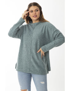 Şans Women's Plus Size Green Wool Viscose Crew Neck Tunic with Side Slits