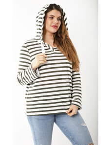 Şans Women's Plus Size Green Hooded Striped Blouse with Adjustable Sleeve Length
