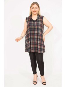 Şans Women's Colorful Plus Size Checkered Chest Ribbed Stitched Lycra Tunic