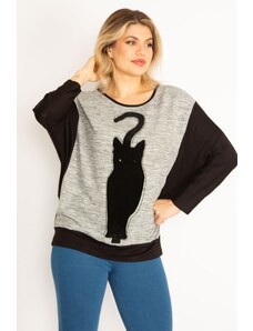 Şans Women's Plus Size Black Cat Figured Flock Print And Stone Detailed Two Color Tunic