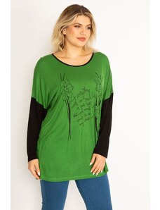 Şans Women's Plus Size Green Front Printed Two Color Tunic