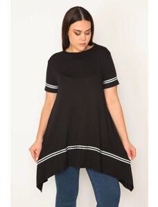 Şans Women's Plus Size Black Stripe Detailed Asymmetric Tunic