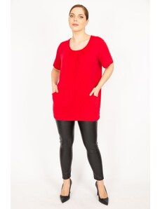 Şans Women's Red Plus Size Collar Drawstring Pocket Tunic
