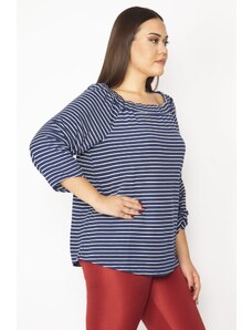 Şans Women's Large Size Navy Blue Striped Tunic with Elastic Collar and Gathering Detail on the Sleeves