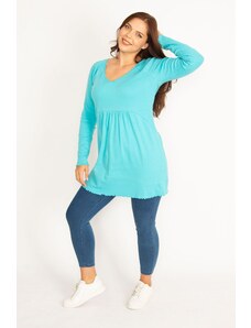 Şans Women's Large Size Turquoise V-Neck Waist Detailed Tunic