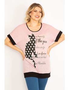 Şans Women's Plus Size Pink Cat Figured Stone And Print Detailed Low Sleeve Tunic