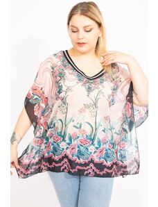 Şans Women's Colorful Plus Size V-Neck Chiffon Tunic