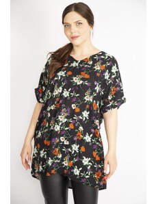 Şans Women's Colorful Large Size Woven Viscose Fabric V-Neck Double Sleeve Tunic