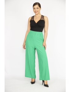 Şans Women's Green Plus Size Elastic Waist Wide Leg Aerobin Fabric Trousers