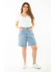 Şans Women's Plus Size Blue Lycra 5-Pocket Denim Shorts