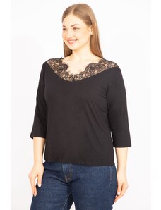 Şans Women's Black Large Size Lace Detailed Blouse