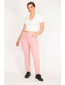 Şans Women's Pink Large Size Waist Side Elastic Lycra 5 Pocket Pants