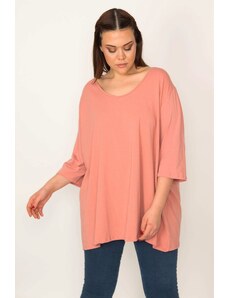 Şans Women's Large Size Rose Pink V-Neck Short Sleeve Tunic