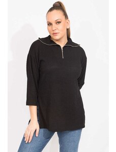 Şans Women's Plus Size Black Relaxed Cut Pat Zippered Side Slit Tunic