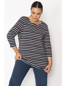 Şans Women's Large Size Colorful Crew Neck Striped Tunic