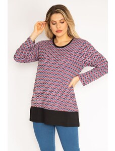 Şans Women's Plus Size Colored Hem Banded Patterned Tunic