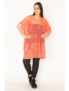 Şans Women's Large Size Pomegranate Unlined Lace Tulle Tunic