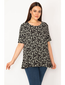 Şans Women's Plus Size Black Cotton Fabric Crew Neck Floral Pattern Tunic