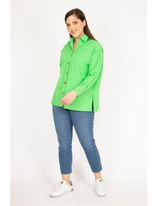 Şans Women's Green Plus Size Metal Buttoned Cuff Shirt