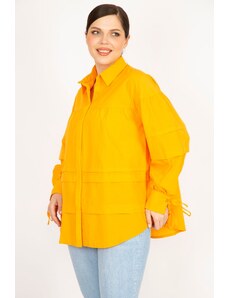Şans Women's Orange Plus Size Hidden Pat Front Length Buttoned Stitching Detail Shirt