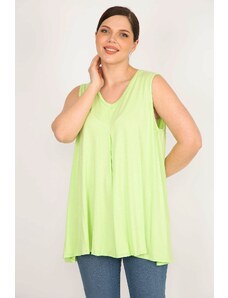 Şans Women's Green Large Size Front A Pleated V-Neck Sleeveless Tunic