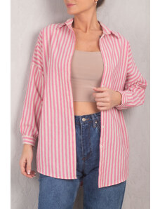 armonika Women's Pink Striped Oversize Long Basic Shirt