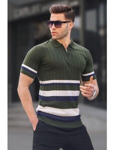 Madmext Striped Knitwear Khaki Polo Neck T-Shirt 6356