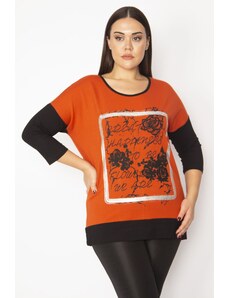 Şans Women's Plus Size Orange Front Print And Stone Detailed Two Color Tunic